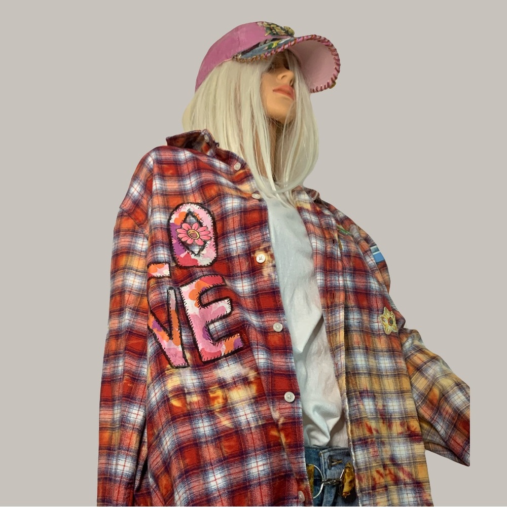 Upcycled Plaid Multicolor Boyfriend Shirt with Detachable Hip Bigfoot with Fur. - Picture 2 of 13